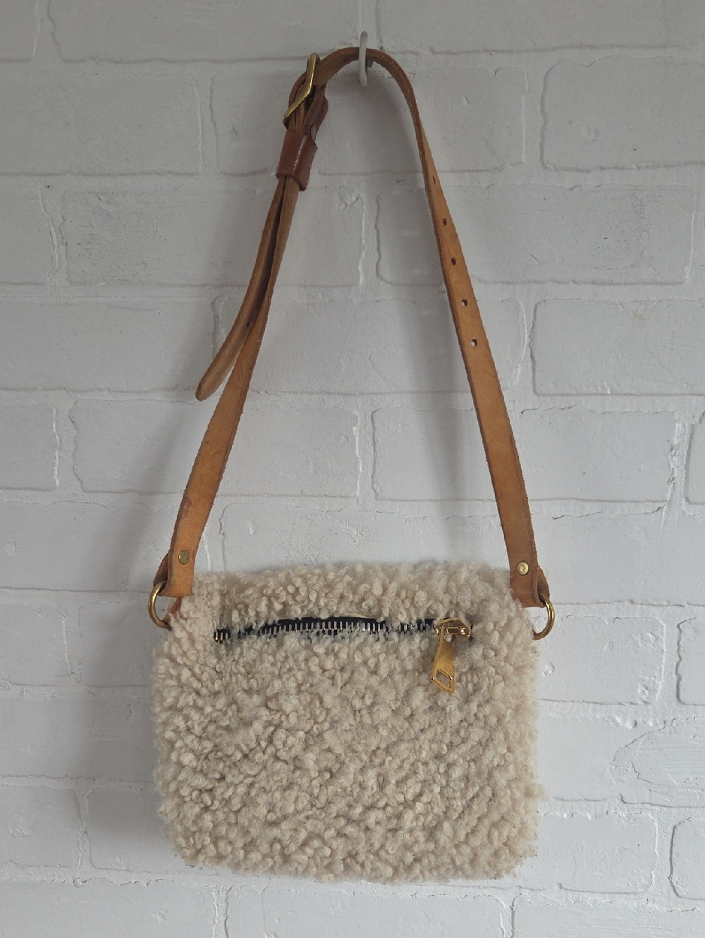 Cream Shearling Crossbody Bag with Tan Leather Strap